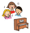 Three children singing by a piano.