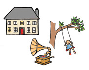 A girl on a swing in the garden of a large house.