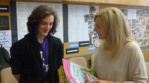 Hilary with a student from a workshop at the Husova School in Brno.